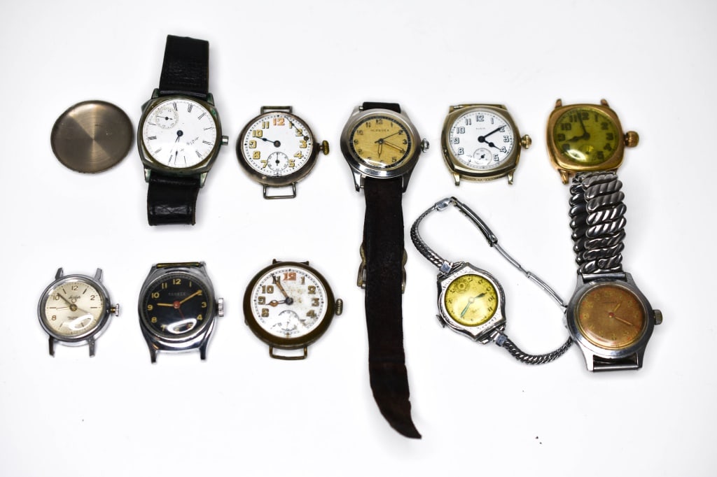 Gold Filled Wrist Watches & Parts For Repair: Includes: (2) Elgins, 1 10k gold filled and 1 14k gold filled, (2) Swiss, (1) Elgin, (5) Accro, Masterbilt, Yankee, Lasalle (working), Alprosa (working), in working order at time of cataloging, All wa