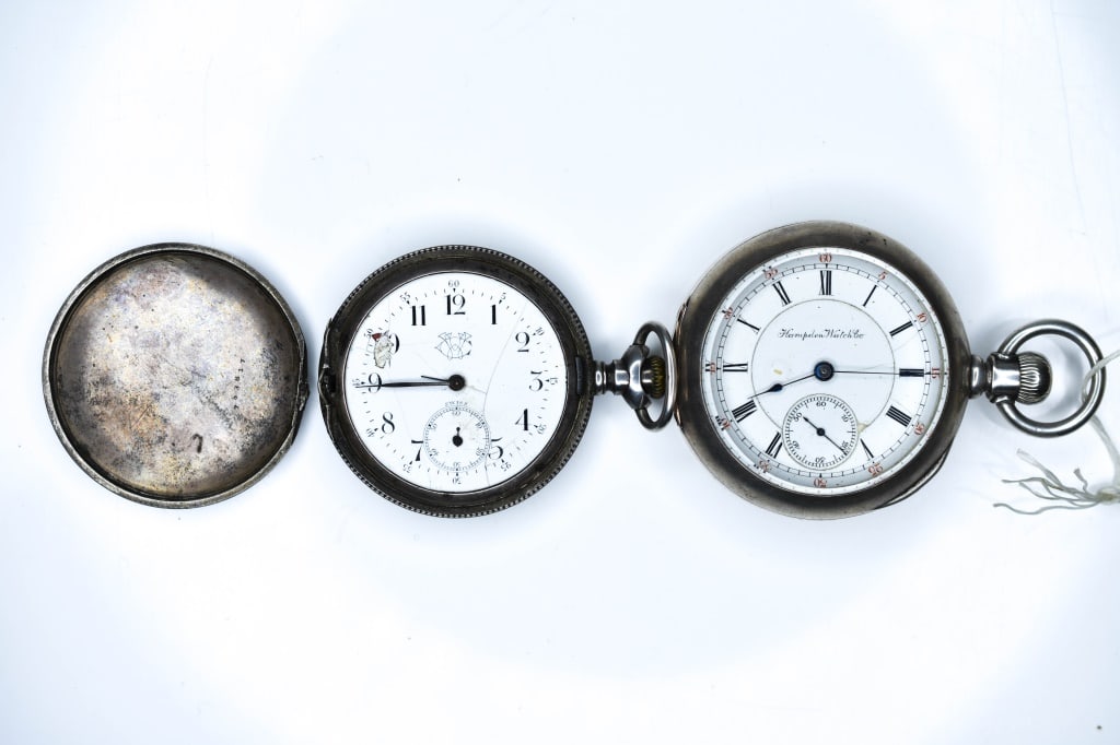 Antique Etched Bird Vermeil 925 Pocket Watch Lot: Includes: (1) Hampden Watch Co. lever, coin silver, open face,18s, 15j, on movement; Railway, Springfield Mass.,no. 170661, on case; Dueber Coin, no. 3 inside castle-star type cartouche, no. 1249185, 