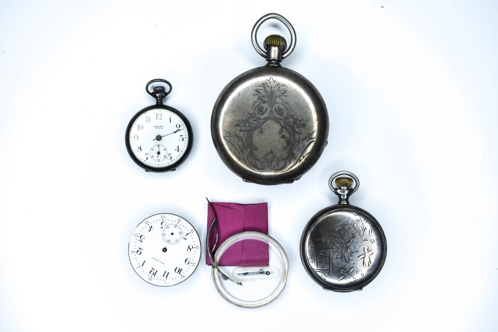 Antique Sterling Pocket Watch Case Grouping: Includes: (1) Sterling silver Ideal USA pocket watch, (1) Ladies Waltham pocket watch movement only, no case, 6s?, 15j, the case is missing, except hands, stem, crown and 2 small parts of a bezel are 