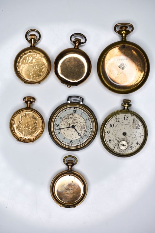 Antique Gold Filled Ladies Watch Cases / Parts: Includes: (1) Crown B II warranted 99635 gold filled full hunters case, dust cover has etched 7 point star, detailed floral engraved front cover with monogram "EVA" and back cover with scene of home, 