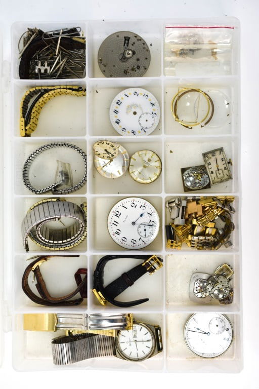 Watch Dial & Movements-Cufflinks & More: Includes a variety of cufflinks, watch parts including works, faces, and watches such as Armitron, Elgin Watch face and works, a Jules Jurgensen watch face and works, as well as (2) Omega watch faces