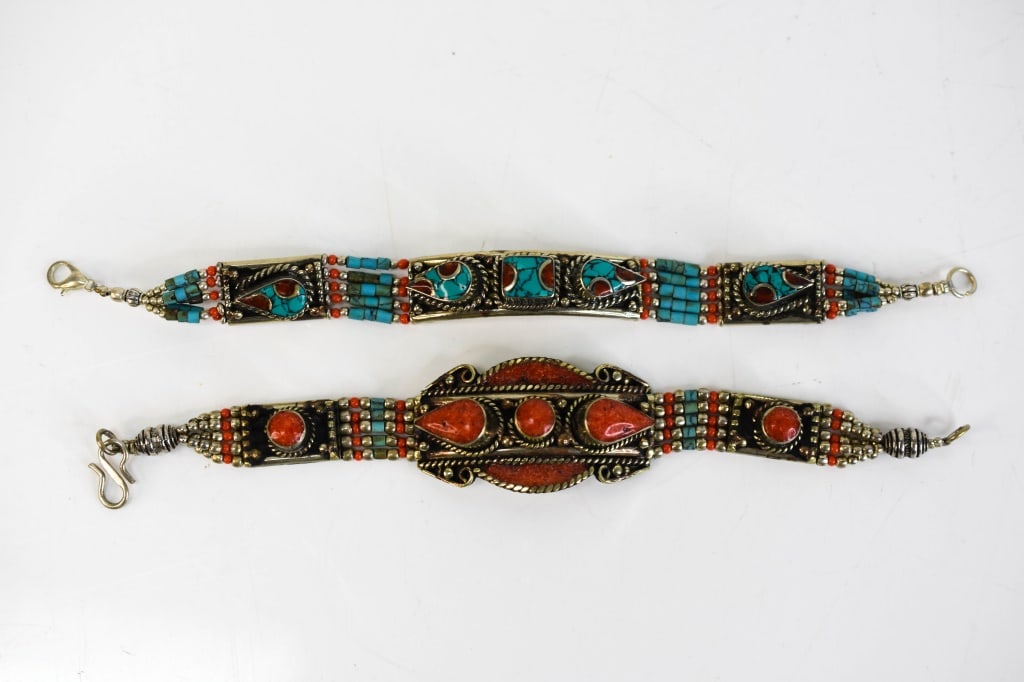 Native American Turquoise & Coral Bracelets: Grouping includes (2) Native American turquoise and coral beaded bracelets. Longest measures 7 3/4", All items are in as found condition from estate.