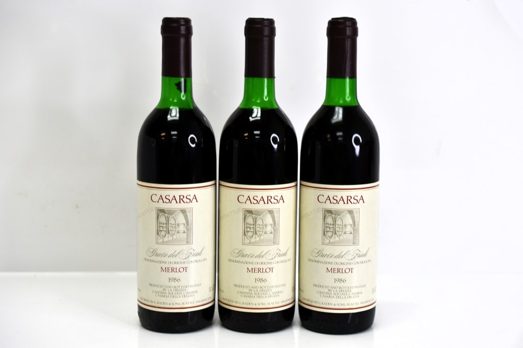 1986 Casarsa Merlot Red Wine: Grouping includes (3) bottles of 1986 Casarsa Merlot Red Wine. This fine wine is part of an estate. It was stored and located in a dry dark temperature-controlled environment. We are not wine experts 