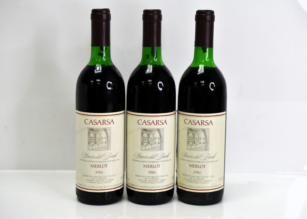 1986 Casarsa Merlot Wine: Grouping includes (3) bottles of 1986 Casarsa Merlot Red Wine. This fine wine is part of an estate. It was stored and located in a dry dark temperature-controlled environment. We are not wine experts 