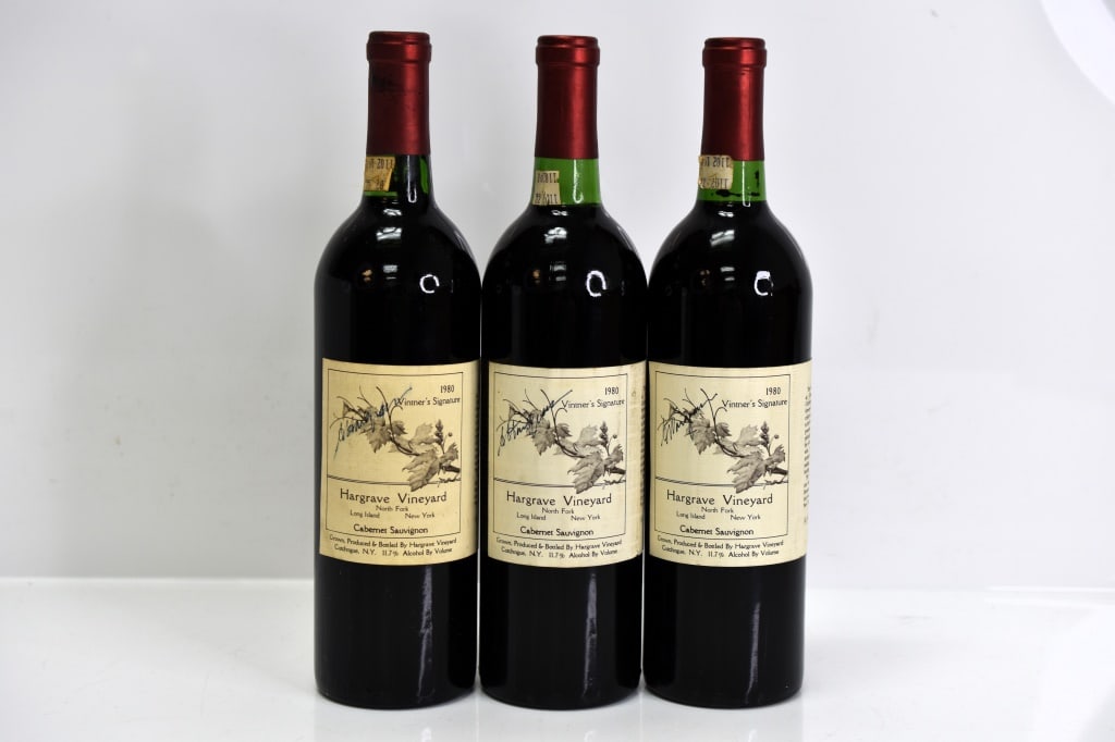 1980 Signed Hargrave Vineyard Red Wine (Cab): Grouping includews (3) bottles signed of 1980 Hargrave Vineyard cabernet sauvignon red wine. This fine wine is part of an estate. It was stored and located in a dry dark temperature-controlled environ