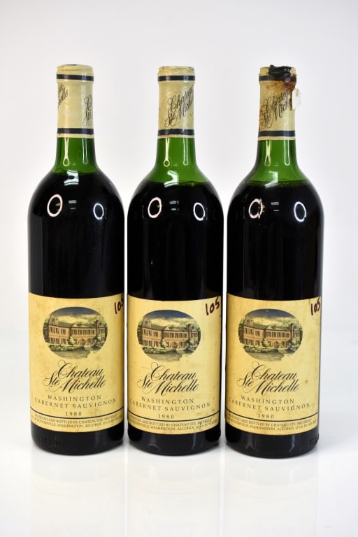 1980 Chateau Ste Michelle Cabernet Sauvignon Wine: Grouping includes (3) bottles of 1980 Chateau Ste Michelle cabernet sauvignon red wine. This fine wine is part of an estate. It was stored and located in a dry dark temperature-controlled environment.