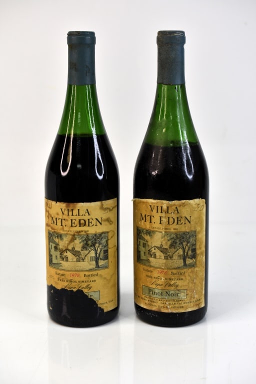 1978 Villa Mt. Eden Pinot Noir Wine: Grouping includes (2) bottles of 1978 Villa Mt. Eden Napa Valley Pinot Noir. This fine wine is part of an estate. It was stored and located in a dry dark temperature-controlled environment. We are not