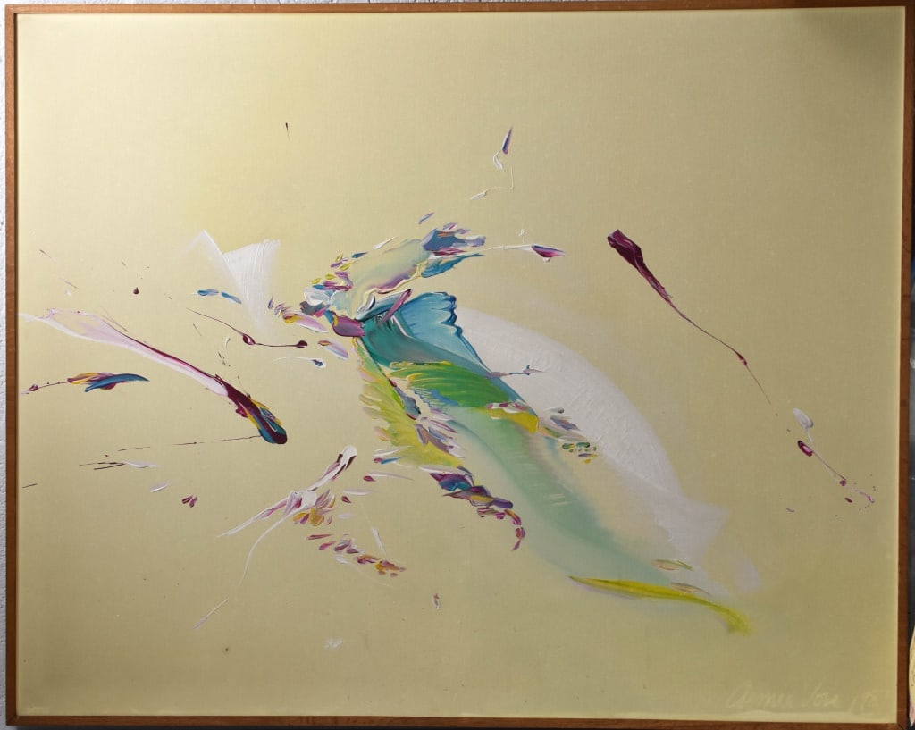 Post Modern Abstract Oil on Canvas: Oil or acrylic on canvas In a thin edge walnut frame. Full signature is illegible. Viewable measures approx. 59"h x 47.5", SLR and dated 1987. Provenance: From an estate, previous owner of the Park 10