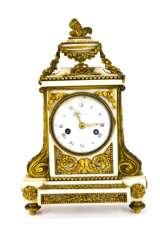 Antique French Marble and Bronze Clock: A fine 19th century French marble clock with gilt bronze ormolu. From a local estate, working condition is unknown. Approximate dimensions W: 10" H: 16". D: 4 1/4".