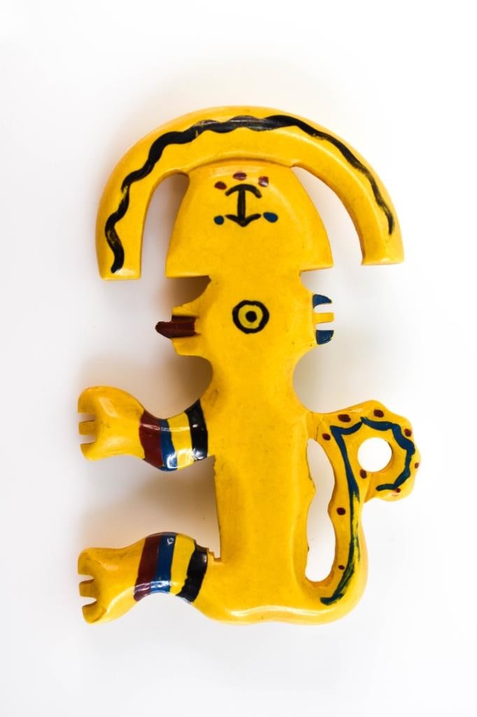 Old Bakelite Tribal Figural Monkey Pin Brooch: Nice vintage or early bakelite figural brooch. Crack all the way through as seen in the photo. Measures approx. 2.81" long