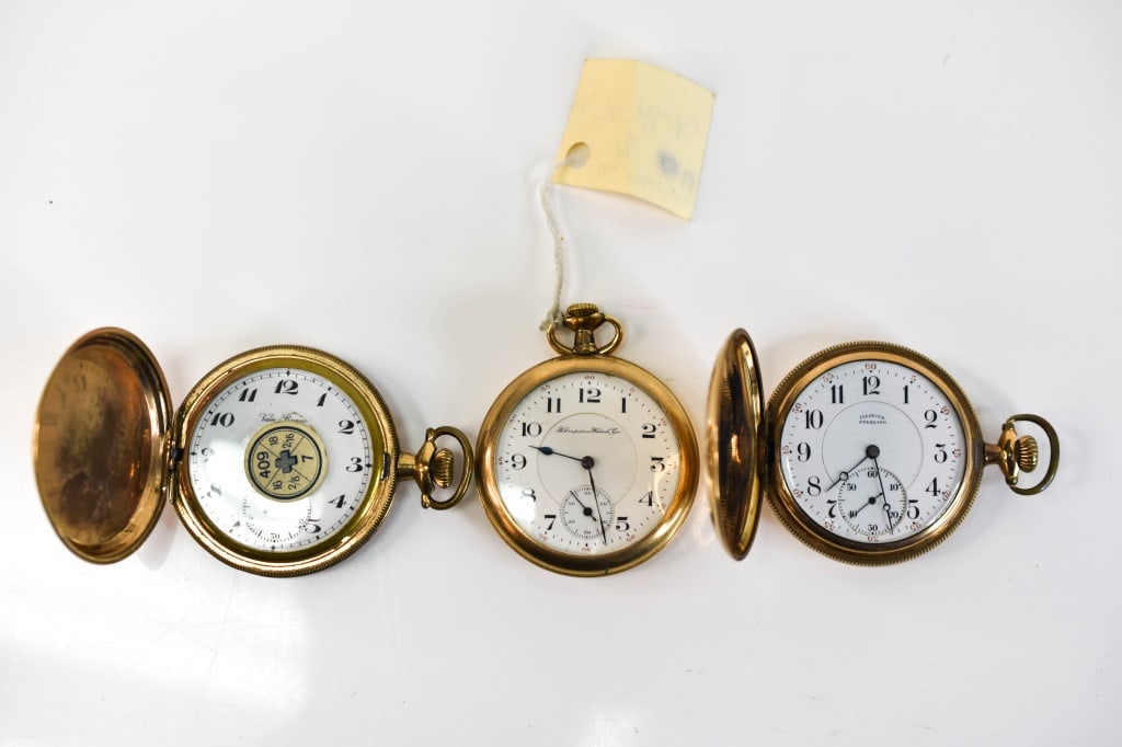 Antique Gold Filled Pocket Watches: includes: (3) Pocket watches: (1) Hampden Watch Co. (1) Illinoise Sterling (1) Van Buren Measures: approx: total Largest: 52.4"mm face of largest is 40mm