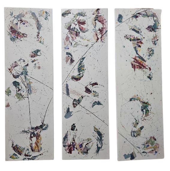 Large Steve Smulka Abstract Triptych Paintings: Modern abstract painting on wood panels, attributed to Steve Smulka. Other works from this private corporate collection are by Smulka. Measures: approx. 96" x 30" x 1.75" each panel and approx. 90" wi