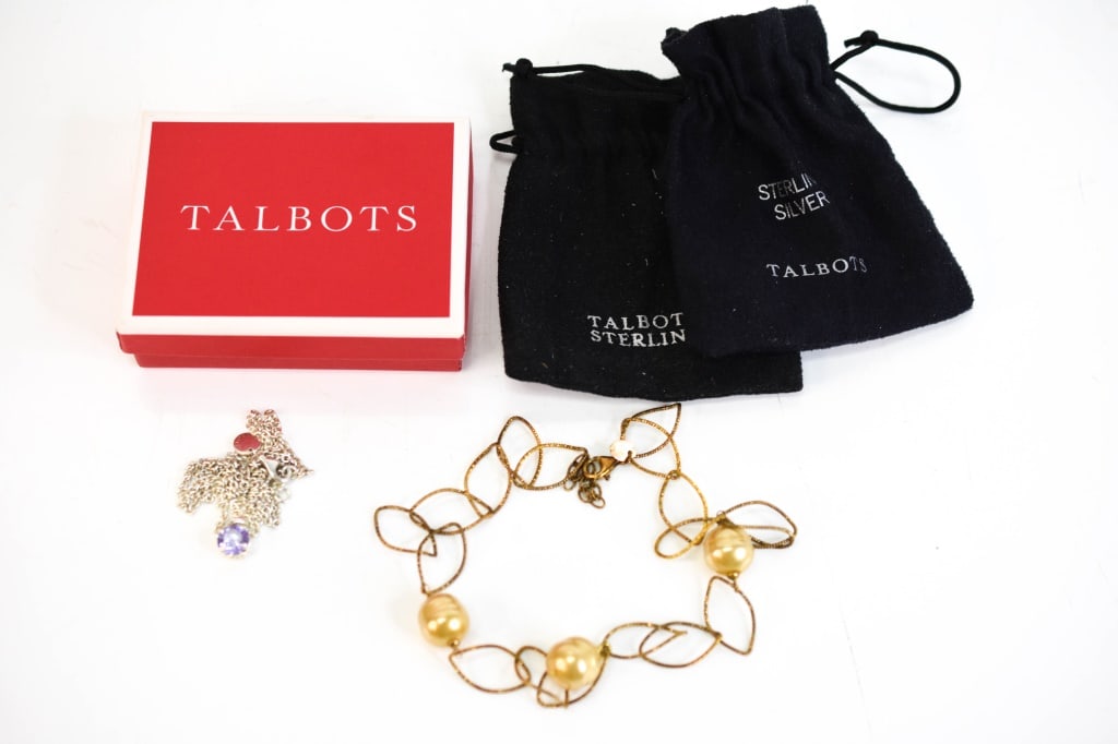 Sterling Silver Talbot Necklaces & Talbot Bags: includes: (1) rope twist link sterling silver vermeil baroque pearl necklace, marked Italy 925, unsure if necklace is Talbots, approx. 18" long, (1) signed Talbots sterling silver 925 prong set lavend