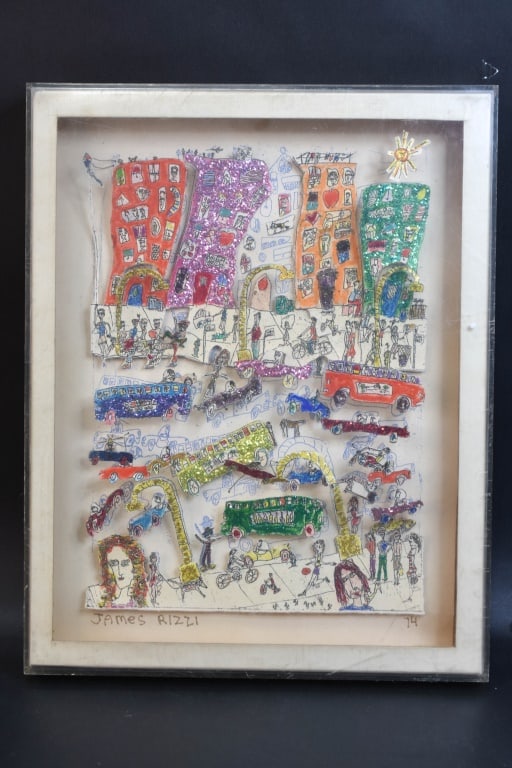 James Rizzi Traffic & City Collage 1974 (Original): Includes A signed untitled, mixed media collage in it's original frame / shadow box. This as a three dimensional intaglio with multiple 3D cut out images, hand colored on a base of wove paper. This sh