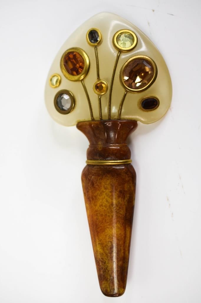 Fabrice Paris Jeweled Mushroom Pin Brooch: Brooch measures approx. 3.85" wide, in excellent condition; on back is a minor flea bite (approx. 1mm) that we believe can be buffed out.