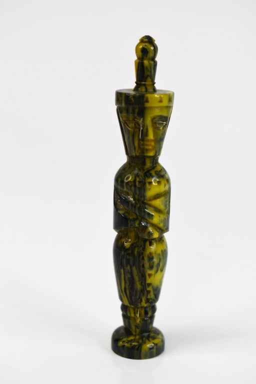 Green Bakelite Mummy King Tut Perfume Bottle: Measures approx. 4.78"h, including perfume stem by 0.86"w. Bottle appears to be in good condition, with minor wear commensurate with age and use.