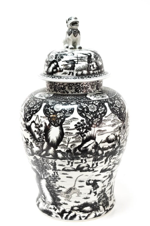 Chinese Floor Style Black and White Ginger Jar: Includes a Chinese floor style porcelain black and white ginger jar, measures approx. 25"h x 15"w, sold by Ethan Allen, $800.00 (retail)