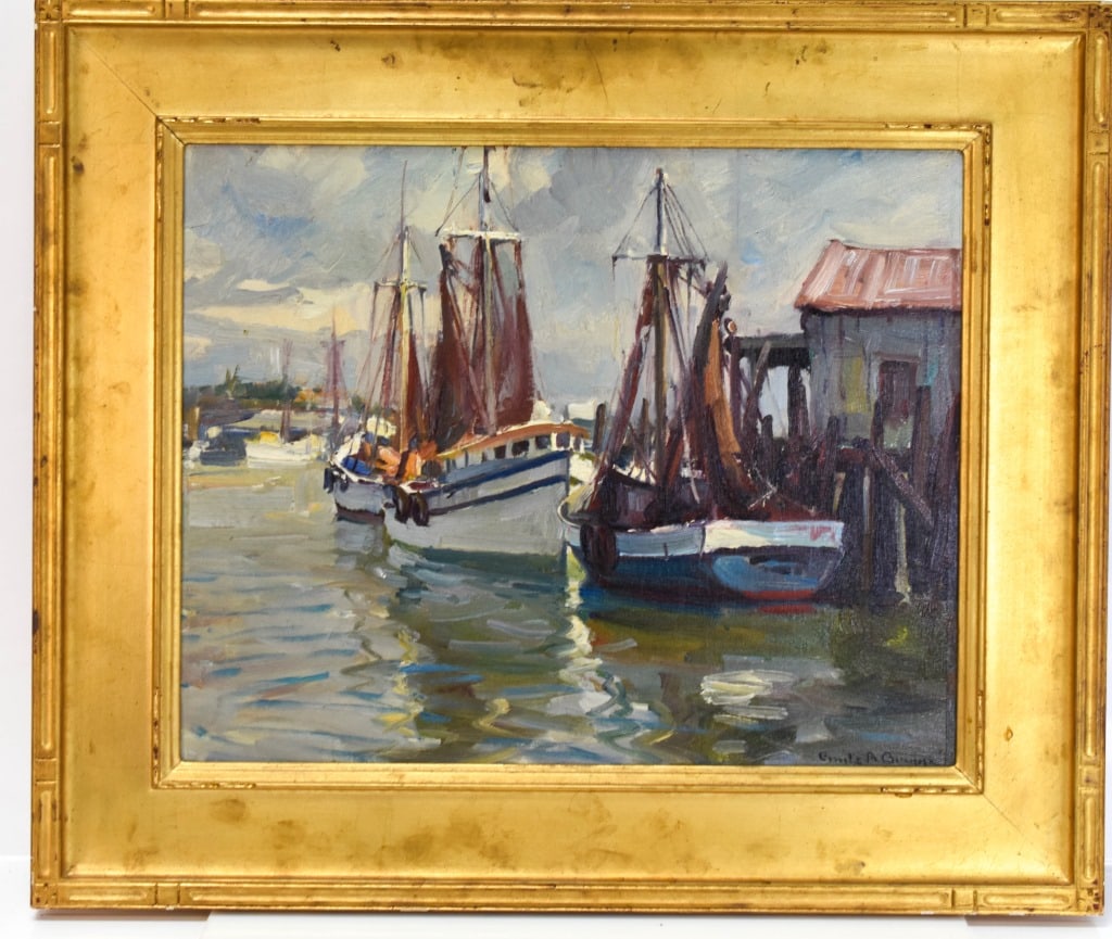 Emile Albert Gruppe (1896-1978) Oil Painting: Emile Albert Gruppe (1896-1978) oil on board of shrimp boats in harbor. Viewable measures approx. 19.5" x 15.5", in a carved and gilt frame, SLR, inverso states "Shrimp Boats" by Emile A Gruppe. Prove