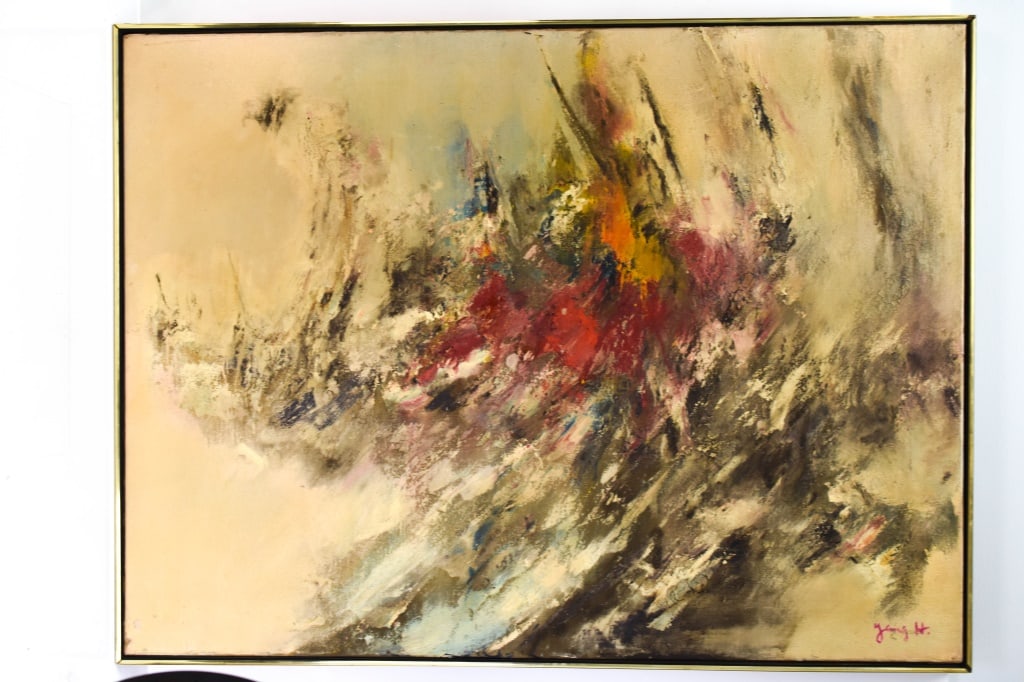 Yang Mid-Century Modern Oil on Canvas Abstract: SLR Yang H. Framed nicely in a mid-century modern thin edge walnut frame. Viewable measures approx. 36" x 48"h Provenance: Mainline Philadelphia estate, (Villanova) Provenance: Mainline Philadelphia, 