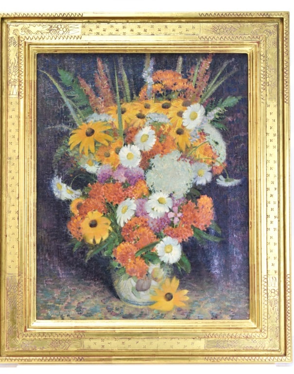 Arthur Meltzer Bucks County Oil Still Life: Arthur Meltzer (American, 1893-1989) still life oil on canvas, viewable measures approx. 15.5" x 19.5", SLL, done in nice spring colors, in a carved and gilt frame. No repairs, all original. Provenanc
