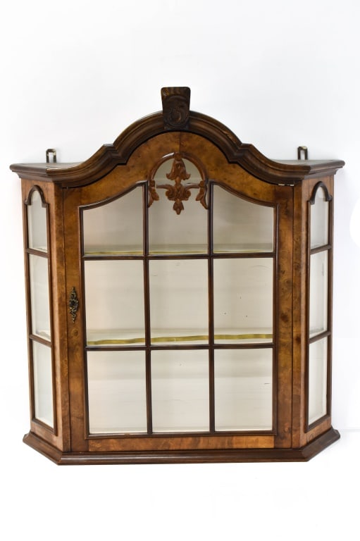 French Wood Glass Wall Display Cabinets: Includes: (2) French Style 1 Door Burl Walnut Wood and Glass Table Top or Wall 3 Shelf Curio Display CabinetProvenance: From a local Dresher, PA estate. Consignor states these were inherited from her 