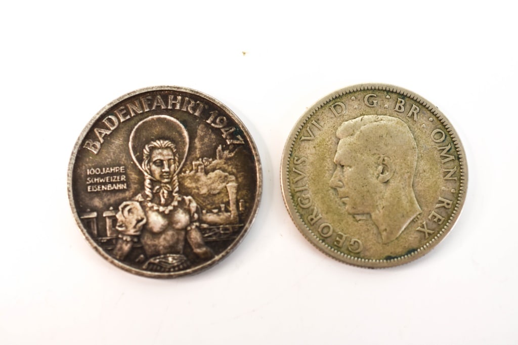 1947 Badenfahrt Helviticae &1937 Half Crown: 1947 silver Badenfahrt Aqvae Helviticae and a,1937 Half Crown silver coin, total weight is approx. 28.5 grams. Provenance: From a local Dresher, PA estate. Consignor states these were inherited from h