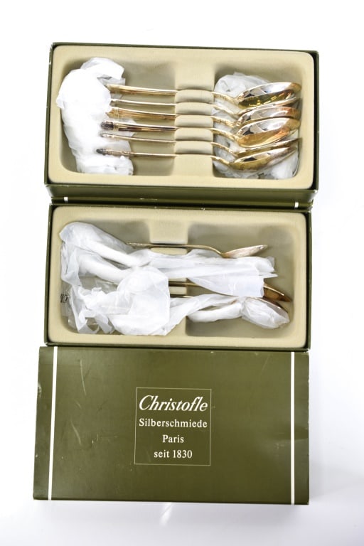 Christofle Aria Silver Plate Spoons Cat Figure: Includes (2) boxes of Christofle Aria 1984 silver plate spoons; (1) box includes (6) teaspoons, (1) box includes (5) demitasse spoons. (1) CHRISTOFLE FRANCE LUMIERE Standing Kitten Cat Silver-Plate Fi