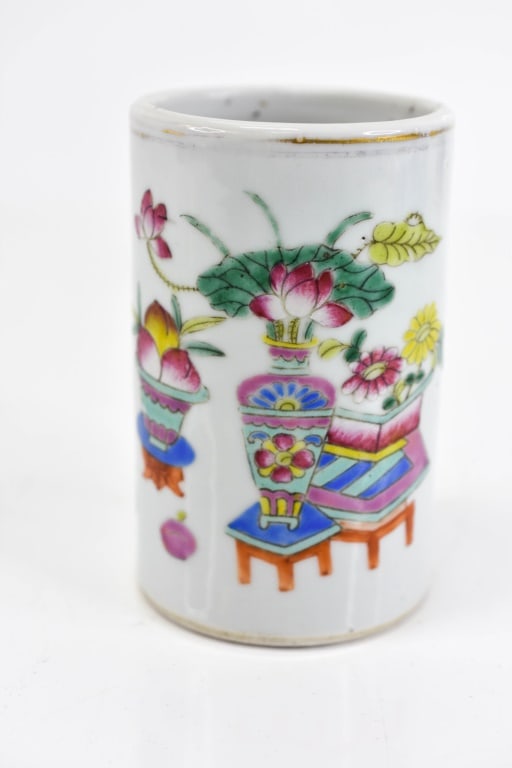 Chinese Porcelain Brush Cup w/ Signature & Seal: Signature and wax seal present on bottom. Approximate dimensions H: 4 1/2" Dia. 2 3/4". Provenance: From a local Dresher, PA estate. Consignor states these were inherited from her parents. The collect