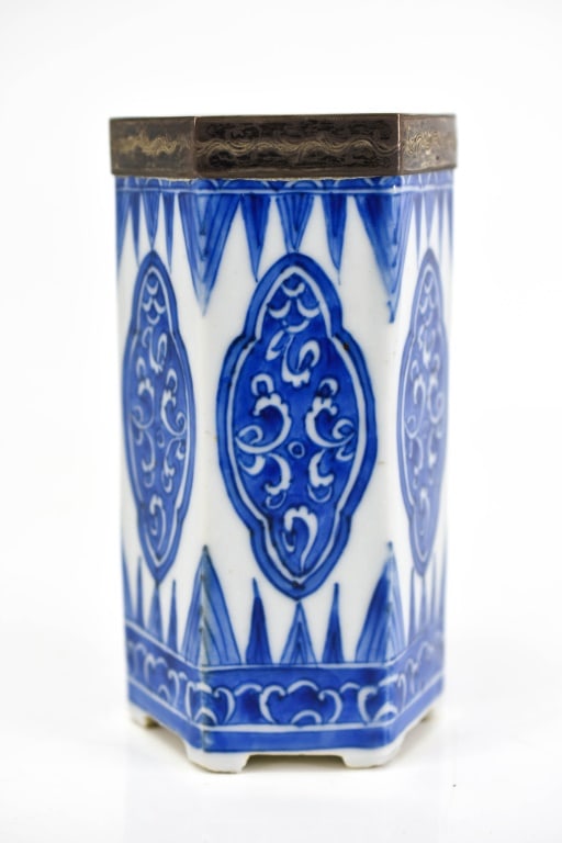 Blue & White Octagonal Chinese Brush Pot w/Dutch: Footed brush pot with etched silver mounts. No signature. Sterling silver mount has Dutch hallmark. Measures 2 5/8" x 5 5/8'. Provenance: From a local Dresher, PA estate. Consignor states these were i