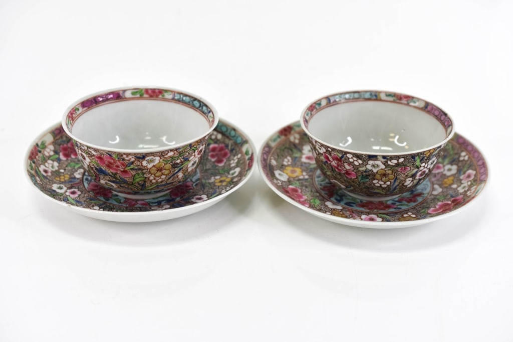 Chinese Yongzheng Bowls Fencai Famille Rose 1722: Antique Chinese Yongzheng Porcelain Enamel Tea Bowls and Saucers Fencai Famille Rose. Unsigned set of 2 cups and 2 saucers. 1 Saucer has a minor edge chip with a tight hair line crack, other saucer ha