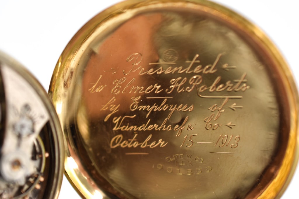 Antique 14k Yellow Gold Waltham Royal Pocket Watch: Solid 14k Yellow Gold Case, A.W.W.Co., Waltham Mass., ROYAL, open face, damascened nickel, 17j, Adjusted, movement no. 17063399, case: Elite Watch Co. 14k, 901899, inside back cover inscription reads 