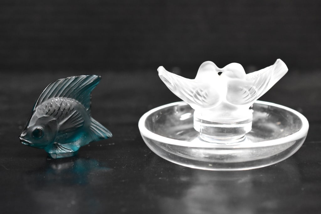 Lalique Crystal Jewelry Tray: With frosted bird forms dish measures 3.75" Provenance: From a local Dresher, PA estate. Consignor states these were inherited from her parents. The collection came from her grandfather. He and his br