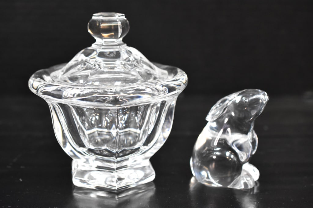 Baccarat Crystal Grouping: Grouping includes (2) pieces including a covered bowl and rabbit form. The covered dish measures 5" wide and 5.75" tall Provenance: From a local Dresher, PA estate. Consignor states these were inherit