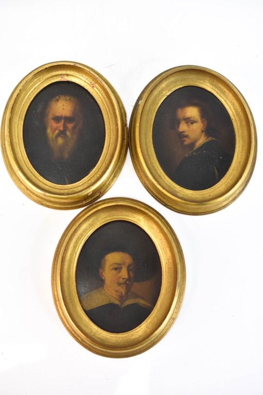 Old Masters Paintings & Portraits Rembrandt: Grouping includes (3) small works, oil on boards in gilt frames. Frames are from a later period in time. All are old masters style paintings attributed to Rembrandt Van Rijn, self portraits, and other
