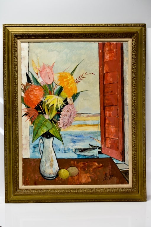 Charles Levier B.1920 French Modernist Painting: Fleurs Sauvages et Bateaux Viewable measures approx. 29.5"w x 39.5"h Provenance: From a local Dresher, PA estate. Consignor states these were inherited from her parents. The collection came from her g