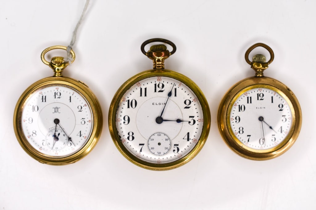 Antique Gold Filled Pocket Watches: Includes: (1) Elgin,B.W. Raymond, Elgin, Illinois USA, no. 12863090, 17j, lever, fancy damascened nickel movement, case: Philadelphia Watch Case Co., no. 8362756, beveled crystal, railroad grade? outs