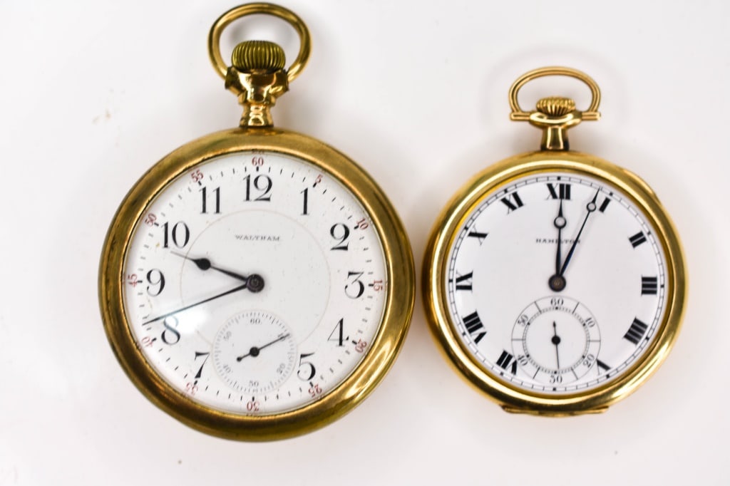 Antique GF Waltham Hamilton Pocket Watches: Includes: (1) Waltham, gold filled, open face, A.W.W.Co. Waltham Mass. 845, open face, 21j, fancy damascened nickel, gold jewel settings, movement no.12552671, case Fahy's Montauk, Guaranteed 20 Years
