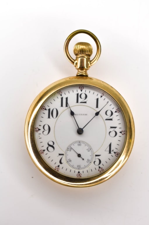 Antique Vanguard Waltham YGF Pocket Watch: Vanguard Waltham Mass, lever, damascened nickel with gold gilt lettering on movement, no. 9006605, 18s, 21 ruby jewels, adjusted, safety barrel, jewel settings with screws, case: Fahy's Montauk Guaran