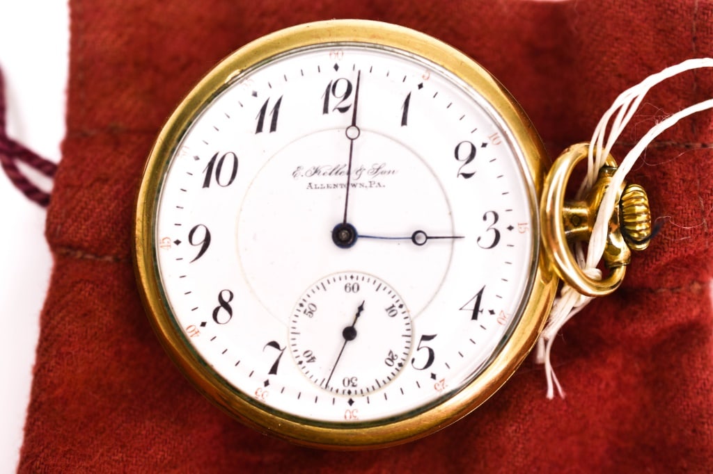Antique E. Keller & Sons Allentown Pa Pocket Watch: Private Label, Antique E. Keller & Sons Allentown Pa , open face, 16s, 15j, safety pinion, damascened nickel movement no. 1327411, Star Watch Case Co., 10k yellow gold filled, no. 6608883, case shows 