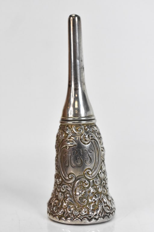 Rare Gorham Sterling Embossed Glove Powder Shaker: Late1800's to early 1900's Rare Victorian Gorham Sterling Silver Floral Repousse Glove Powder Shaker or dispenser. Makers mark Lion facing right, Anchor, G, Sterling 935 with Crown in cartouche. Monog