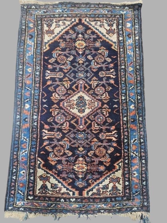 Persian Hamadan Rug: Main color blue. Shows loss of fringes. Measures approximately 46" x 28".