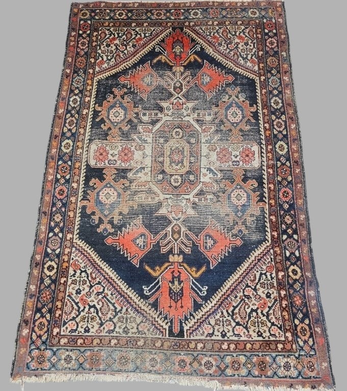 Persian Karaja Geometric Rug: Main colors blue and red. Shows wear. Measures approximately 6' 6" x 4' 1".