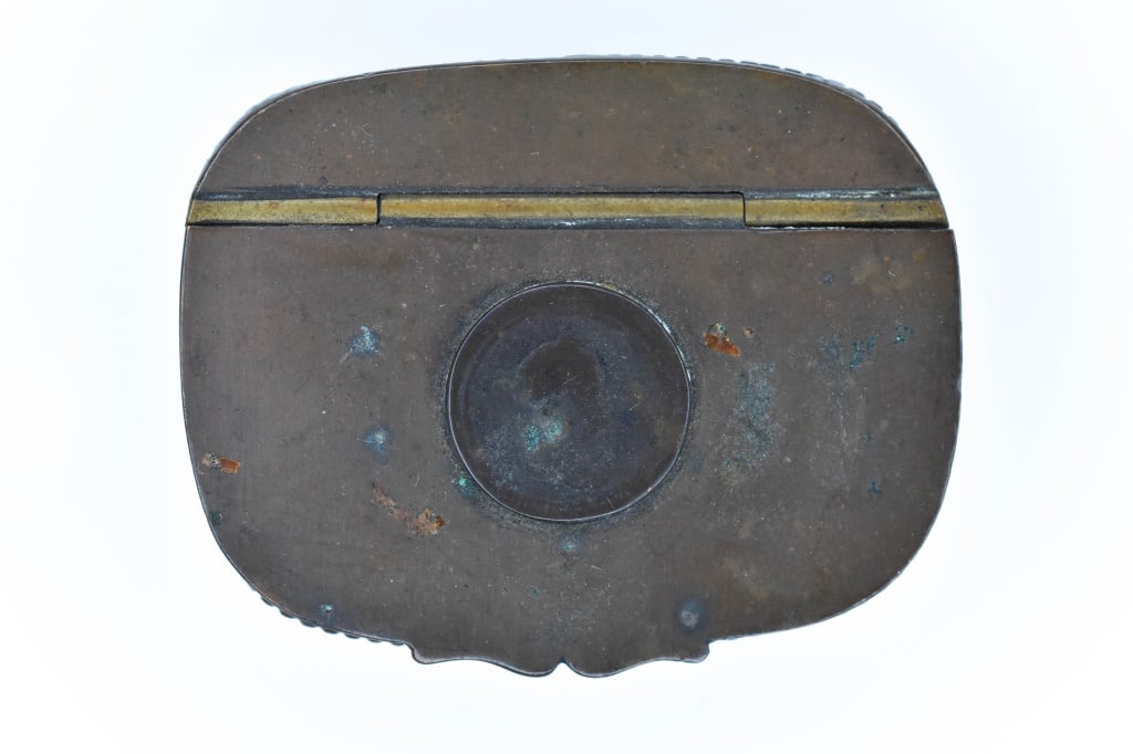 Antique Georgian Sheffield Plate Coin Snuff Box: Coin details are illegible. Appears to be late 1700s or early 1800s. Monogrammed on inside of lid. Measures approximately 3" x 2" x 7/8".