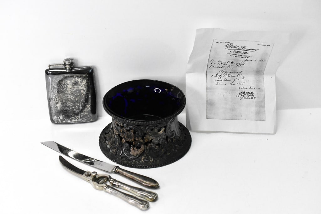 Sterling S Kirk and a Sheffield Irish Potato Ring: Includes: 1 Irish Victorian silver plate potato ring with a cobalt blue glass liner. 1 Silver plated flask, 10 oz., P S Co. Monogrammed. 1 Sterling silver handled serving knife and a pair of sterling 