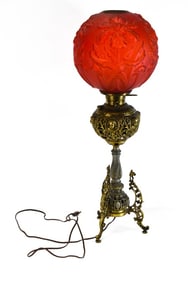 Victorian Red Figural Cherub Lion Piano Lamp