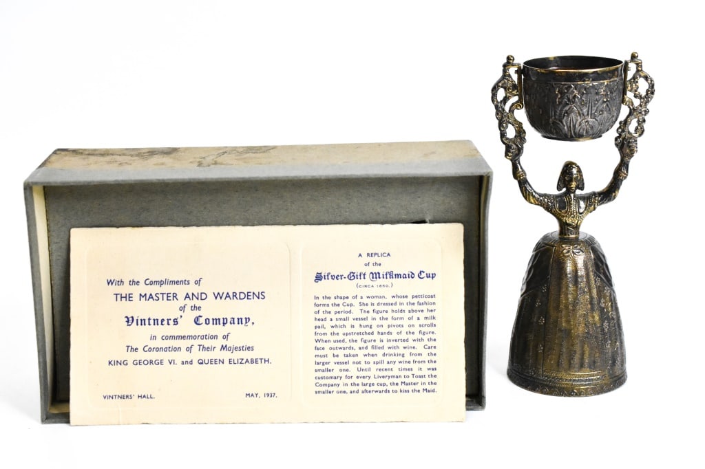 Vintage Sterling Silver Milkmaid Marriage Gilt Cup: Vintner's Company in Commemoration of The Coronation of King George VI and Queen Elizabeth. Replica of the Silver Gilt Milkmaid Cup (circa 1650. Bears 4 English hallmarks, "B & C, Lion Passant, Panthe