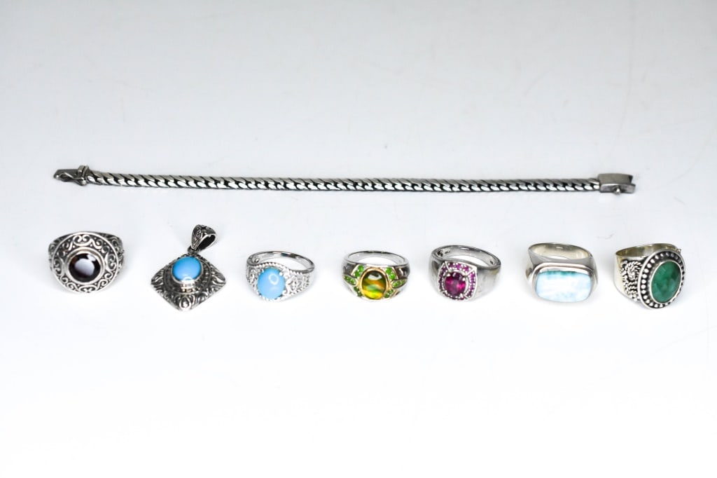 Sterling Silver & Gemstone Rings, Bracelet Jewelry: Includes 6 rings, 1 link bracelet, 1 pendant. Approximate total weight sterling silver 83.8 grams including stones.
