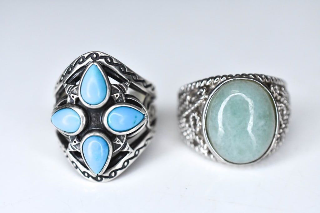 Carolyn Pollack Relios Turquoise & Jade 925 Rings: Jewelry includes: 2 Carolyn Pollack Relios Turquoise and Jade Sterling Silver Rings. Approximate total weight 21.6. Ring sizes are approximately 8.5 and 9