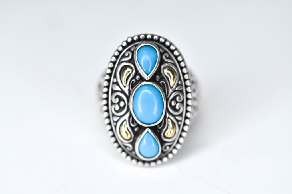 Samuel B Sterling Silver 18k Gold Ring Jewelry: Samuel B Benham "BJC" Zenith 18K Gold 925 Sterling Silver and Turquoise Ring. Approximate weight 11.6 grams.