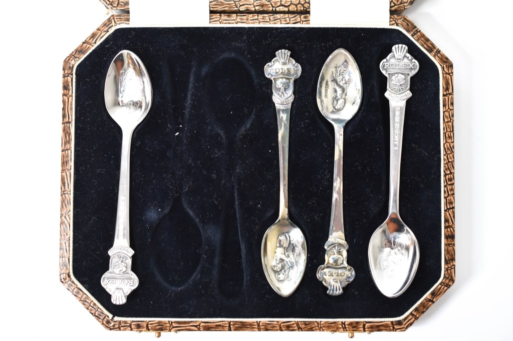 Original Rolex Bucherer Lucerne Spoons in Case: Four Rolex Bucherer Lucerne Of Switzerland silver souvenir spoons, two spoons are marked Rolex Bucherer Lucerne and on the back is Bucherer of Switzerland, two are marked Rolex Bucherer Watches with B